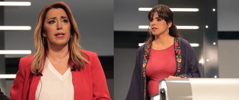 En el contexto del debate televisado por Televisión Española durante la campaña electoral para las elecciones andaluzas de 2018. A la izquierda, la líder del Partido Socialista Obrero Español (PSOE), Susana Díaz. A la derecha, la líder de PODEMOS, Teresa Rodríguez.