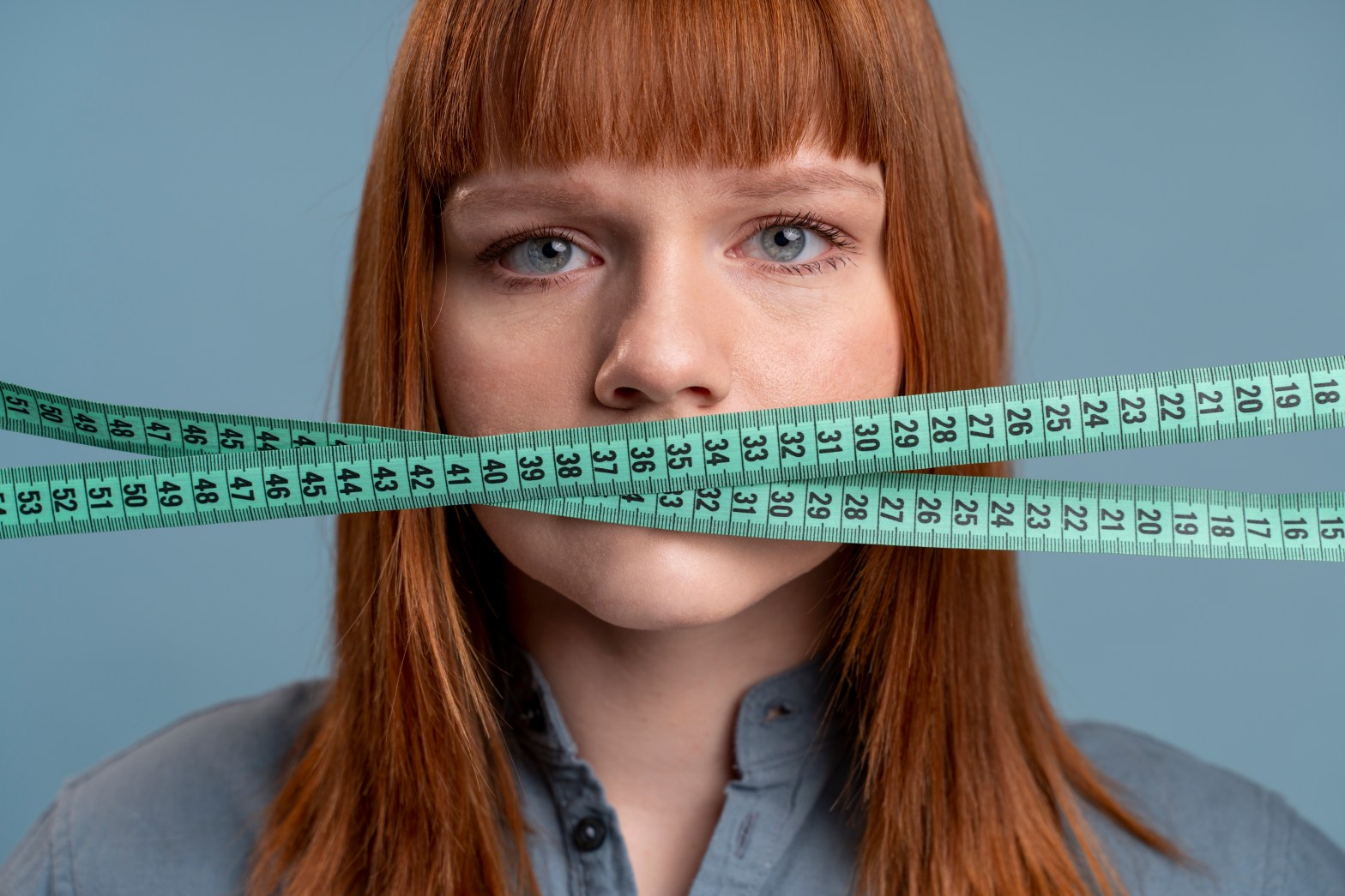Mujer con expresión seria mira fijamente a la cámara mientras dos cintas de medir se entrecruzan por delante de su boca, haciéndola no visible.
