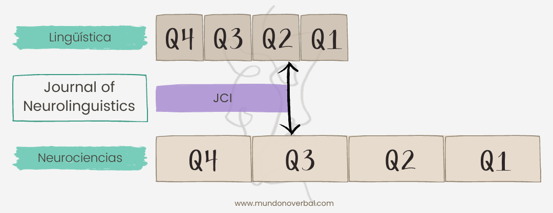 En la parte central vemos como ejemplo la revista Journal of Neurolinguistic con su indicador de citas (JCI). El valor del JCI, que es absoluto y se calcula teniendo en cuenta las citas esperadas, posiciona de una forma diferente la revista en función del ámbito al que pertenece. En el caso del Jorunal of Neurolinguistics, su JCI la posiciona en un cuartil dos (Q2) en el ámbito de la Lingüística, pero en un cuartil 3 (Q3) en el ámbito de las Neurociencias.