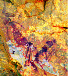 La imagen muestra nuevamente una pequeña escena de arte levantino con poca calidad. Esta escena de danza fue encontrada en Cingle de la Mola Remígia y está conformada por dos figuras en posturas bien diferenciadas y con ornamentos diversos.