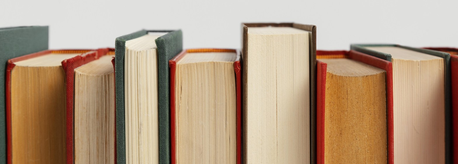 La imagen muestra una gran calidad de libros antiguos colocados en fila uno al lado del otro. En lugar de tener un enfoque al lomo del libro, que sería la perspectiva habitual, la imagen está tomada desde la parte opuesta, de manera que vemos las páginas de los libros.