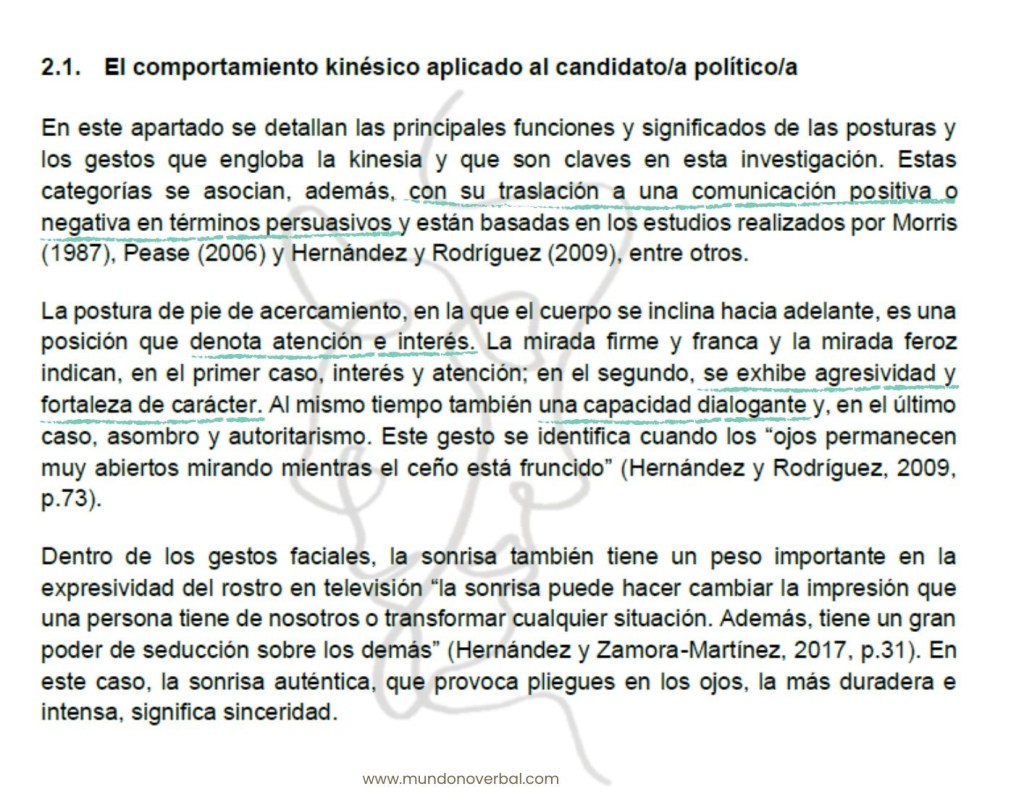 El texto, titulado "2.1. El comportamiento kinésico aplicado al candidato/a político/a" es una muestra de texto escrito en estilo formal. 
Las expresiones resaltadas que señalan su grado de formalidad son:
- Con su traslación a una comunicación positiva o negativa en términos persuasivos
- Denota atención e interés
- Se exhibe agresividad y fortaleza de carácter
- Una capacidad dialogante