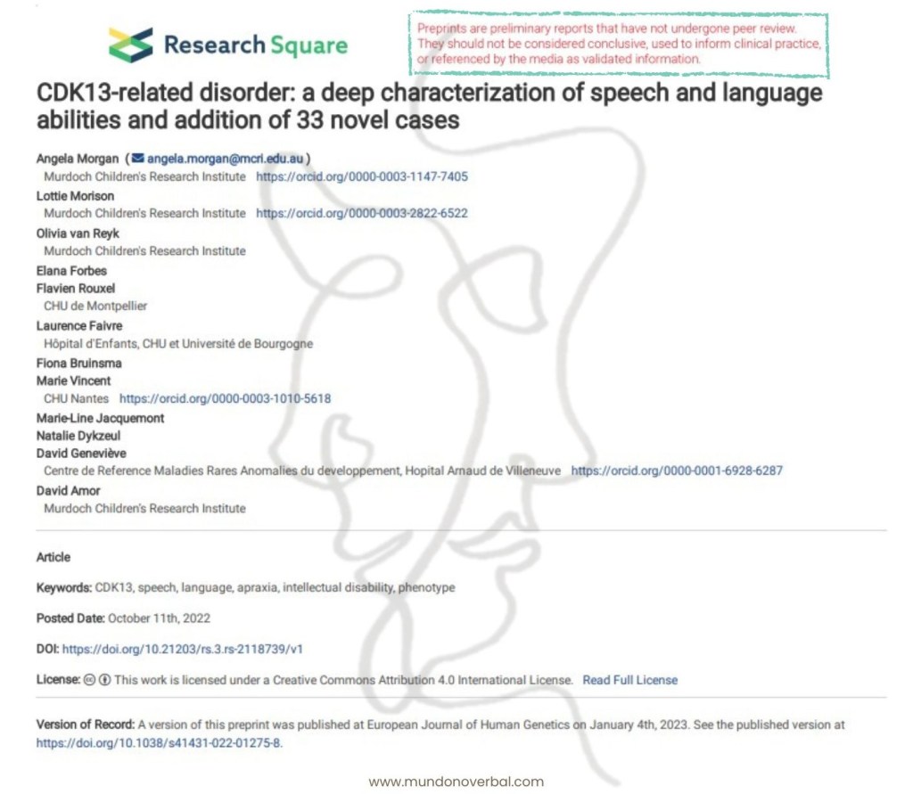La imagen muestra un artículo titulado "Trastorno relacionado con el CDK13: Una caracterización profunda de las habilidades del habla y el lenguaje y adición de 33 casos nuevos".
En la parte superior derecha de la primera página del artículo aparece un texto destacado en color rojo que dice: "Los preprints son informes preliminares que no han sido sometidos a una revisión por pares. No deberían ser considerados como concluyentes, utilizados para fundamentar la práctica clínica ni ser referenciados como una fuente de información validada".
