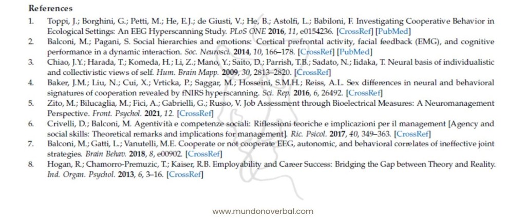 En la imagen vemos un apartado de Referencias de un artículo, en el que las citaciones siguen todas un mismo patrón de estilo: 
- Apellido del autor e inicial del nombre
- Título del artículo
- Nombre de la revista en cursiva
- Año de publicación en negrita
- Número de la revista
- Páginas