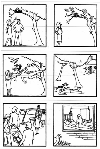 La imagen muestra una secuencia de 6 viñetas de comic en blanco y negro en las que vemos un hombre y una mujer debajo de un árbol con un nido. A petición de la mujer, el hombre sube al árbol para coger el nido, pero la rama a la que se sujeta se rompe y cae al suelo. La mujer va a una casa cercana a pedir ayuda y una ambulancia lleva al hombre al hospital. En la última viñeta, vemos al fondo a la mujer cuidando del hombre en el hospital, mientras que en primer plano, encontramos al pájaro adulto llorando la muerte de sus vástagos.